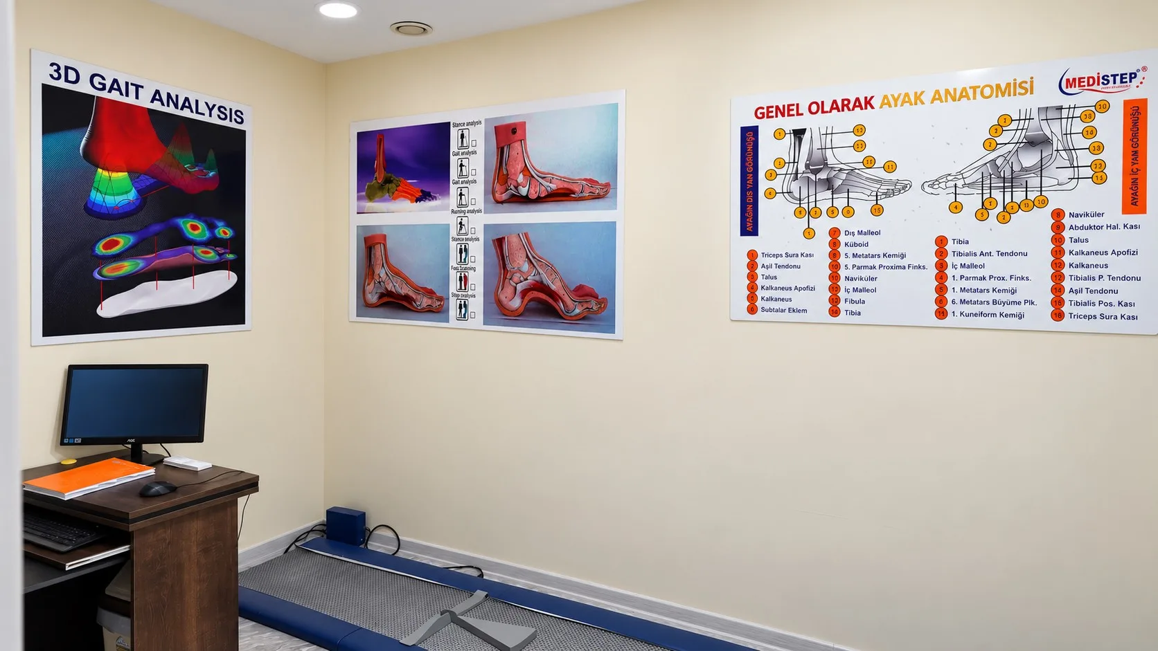Analiz odası: 3D yürüyüş analizi posterleri, bilgisayar ve yürüyüş platformu